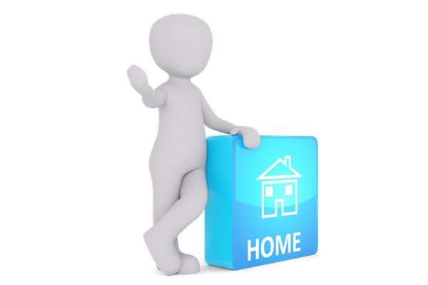 3D Männchen stützt sich auf einem blauen Schild mit der Aufschrift Home ab