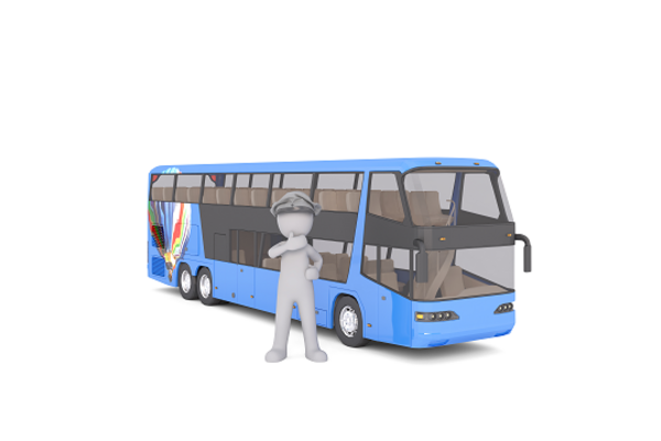 3D Figur steht an einem Reisebus