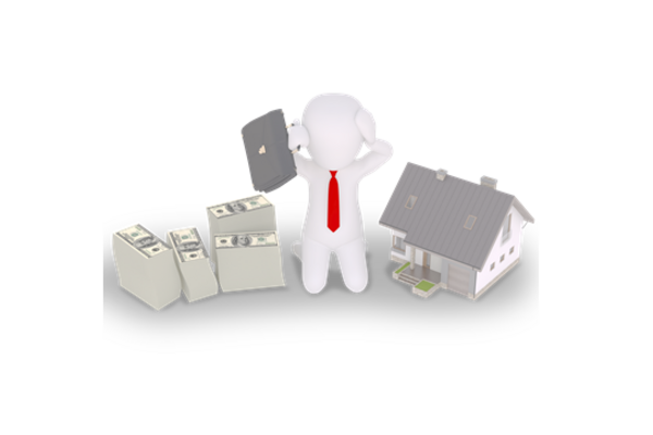 3D Männchen steht zwischen Geld und einem Haus