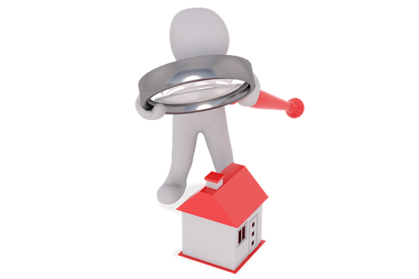 3D Männchen schaut mit einer Lupe auf ein Haus