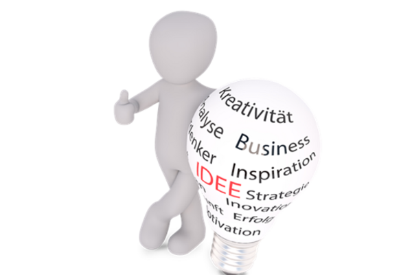 3D Männchen lehnt an einer großen Glühbirne