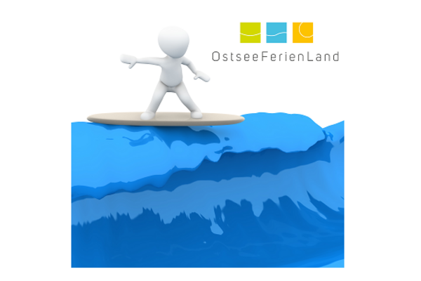 3D Figur auf einem Surfbrett mit dem Ostseeferienland LOGO