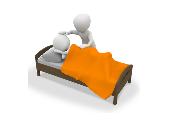 Eine 3D Figur liegt im Bett und eine andere kümmert sich