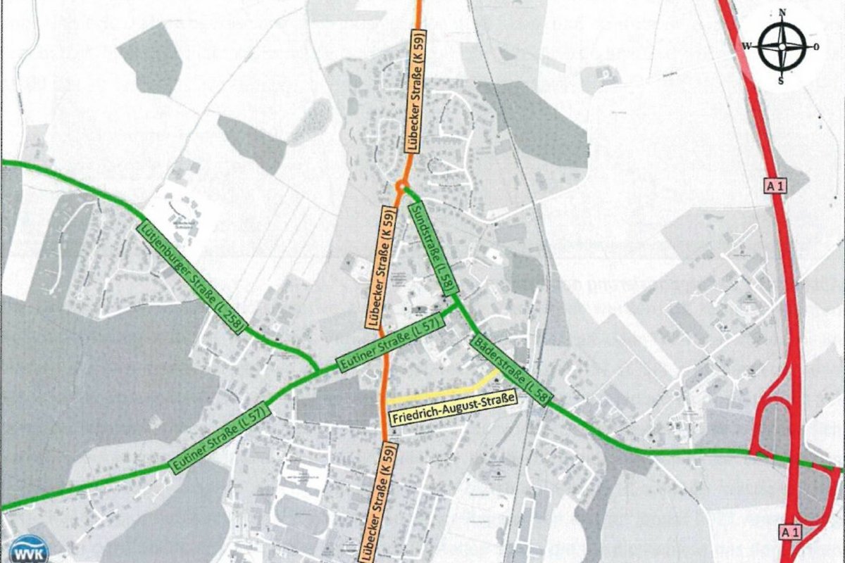 Karte vom Ortskern Lensahn mit farblicher Markierung der betreffenden Straßen