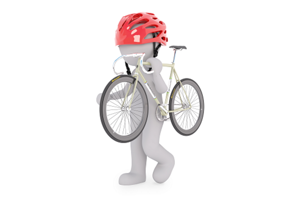 3D Figur mit Helm und Fahrrad auf der Schulter