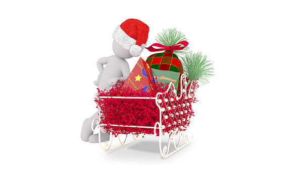 3D Männchen lehnt an einem Schlitten mit Geschenken